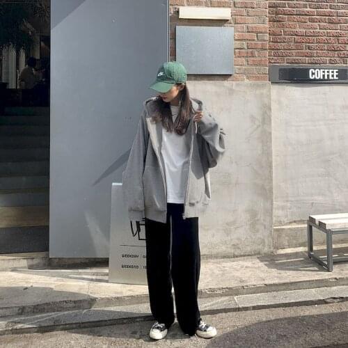 2021 Autumn Winter Dark Gray Zipper Hooded Jacket Women Loose Korean Style Plus Velvet All-match Top Women Clothing Oversized