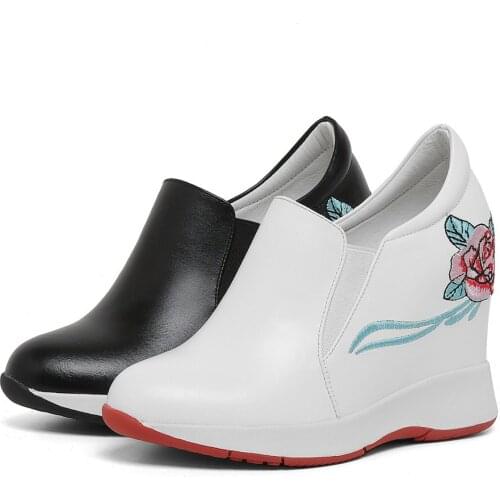 10cm High Heel Fashion Sneakers Women Cow Leather Wedges Ankle Boots Female Embroider Round Toe Punk Oxfords Shoes Casual Shoes