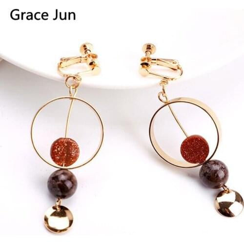 2018 New Fashion Gold Color Geometric Shape Clip on Earrings for Women Luxury Screw Bead Sequin Without Pierced Earrings Bijoux