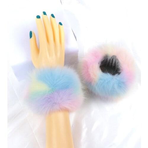 Women Winter Thicken Furry Wrist Cuffs Rainbow Colorful Arm Warmers Bands Fluffy Wristband Bracelet Fake Sleeves Party Costume A