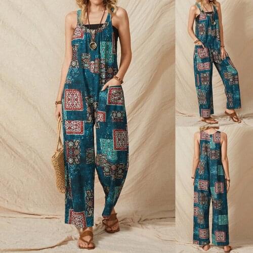 Women Loose Wide-leg Retro Style Loose Fit O-neck Jumpsuit With Cotton And Linen Pockets Printed Sleeveless Long Romper