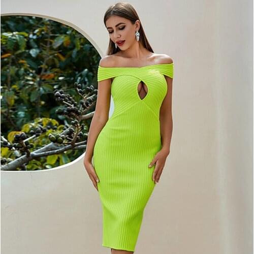 2020 New Summer Off Shoulder Green Bodycon Women Bandage Dress Sexy Hollow Out Celebrity Runway Night Party Club Dresses Vestido
