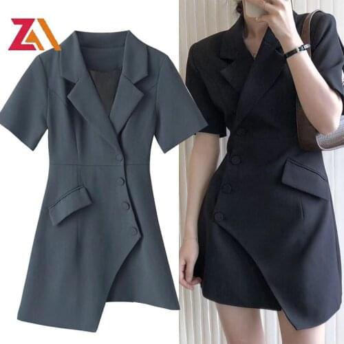 ZALady Korean chic solid office work OL mini Suit dress elegant short sleeve summer irregular slim fashion women dresses femme