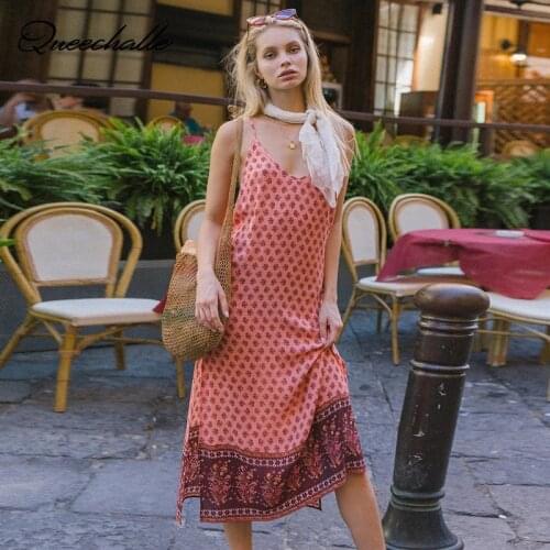 2021 Summer Dress Bohemian Style Vintage Printed Strapless Dress Women Sexy Deep V neck Split Loose Straight Dresses Pink Green