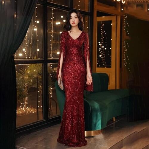Sequins Simple Burgundy Evening Dresses Full Sleeves Elegant Mermaid New Floor-length Plus size Women Formal Party Dress C1078