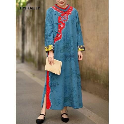 TIYIHAILEY 2020 Free Shipping Vintage Women Long Maxi Long Sleeve Linen And Cotton Chinese Style Spring Autumn Dresses Cheongsam