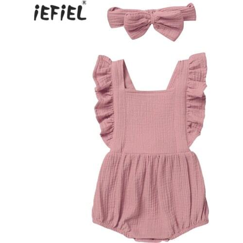 Newborn 2Pcs Baby Girl Rompers Summer Cotton Sleeveless Square Neckline Backless Infant Jumpsuit Baby Clothes with Headband
