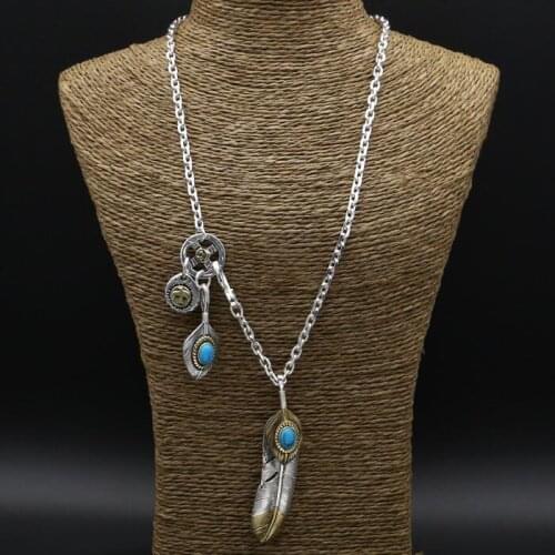 47.2g Real Solid 925 Sterling Silver Long Pendant Necklace Men Women Blue Natural Stone Vintage Indian Style Men Necklace Silver