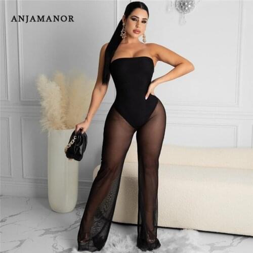 ANJAMANOR Sexy Strapless Mesh Patchwork Wide Leg Jumpsuit Summer 2021 Party Night Club Birthday Outfits for Women D63-CE30
