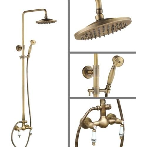 Antique Brass Wall Mounted Bathroom Rain Shower Faucet Shower Head Set Mixer Tap Dual Ceramic Handles Levers man103