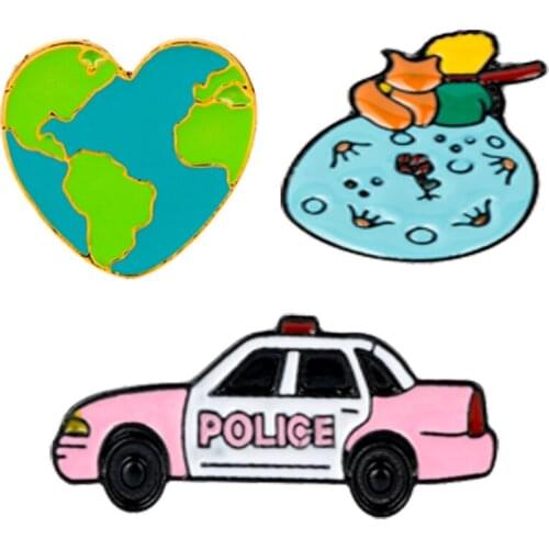 Brooch Heart Shape Earth Pin Policecar Little Princes Metal Brooches Cute Enamel Pins Denim Shirt Lapel Pin Badge Pin Jewelry
