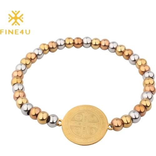 FINE4U B365 Stainless Steel Benedictine Blessing Bracelets for Men Women 6mm Beaded Bracelet Catholic Jewelry