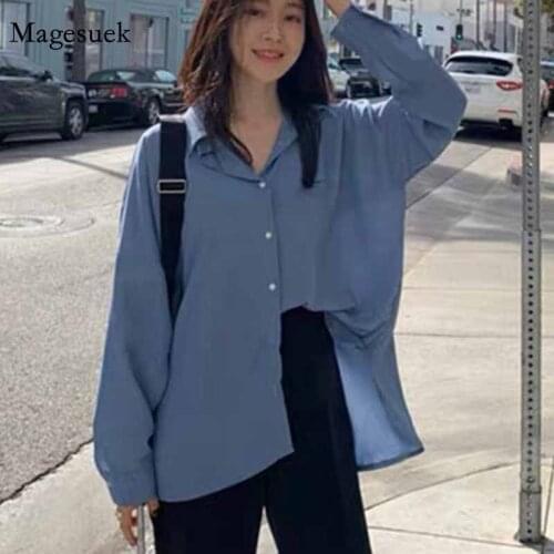 Cardigan Women Korean 2020 Long Sleeve Women Shirts Blue Button Womens Blouse Tops Autumn Vintage Plus Size Chiffon Blouse 11398