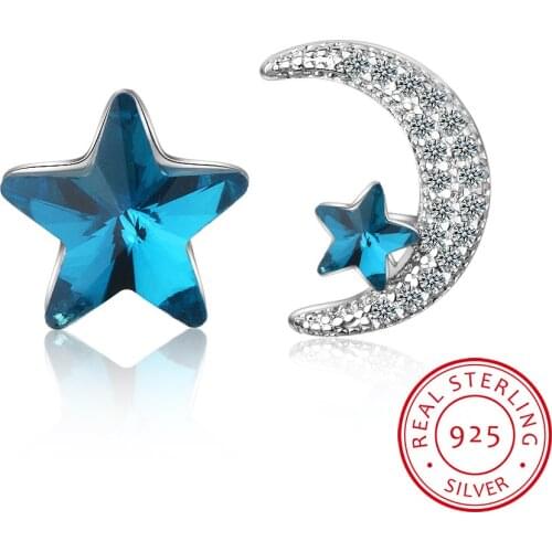 Sweet Asymmetrical Blue Star Moon Earrings 925 Sterling Silver Zirconia Crystal Stud Earrings For Women Wedding Party Jewelry