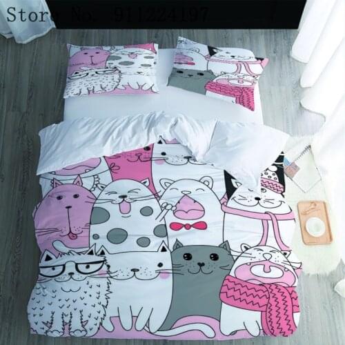 Cartoon Duvet Cover Set 3D Printed Animal Cat Dog Comforter 3pcs Kids Bedding Sets King Size Single Double Bed Linen Flat Sheet