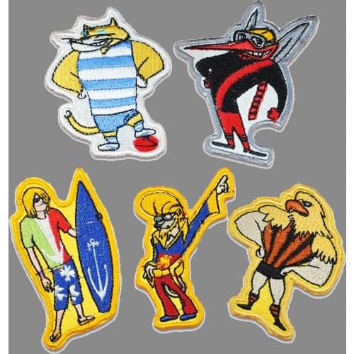 Cartoon Surf Boy Animals Parches Embroidery Iron On Patches For Clothing DIY Stripes 3D Diy Clothes Stickers Appliques