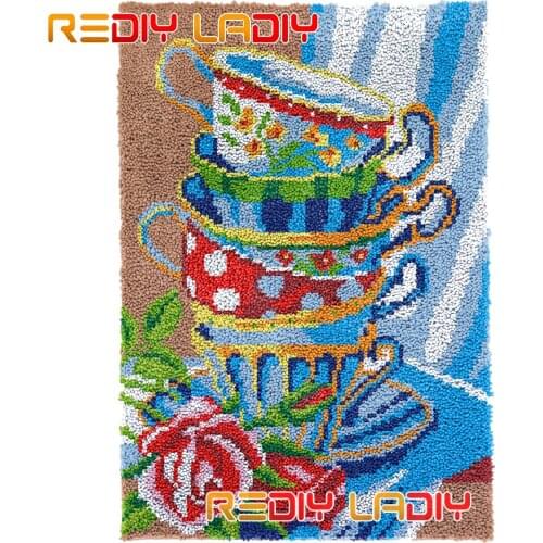 Latch Hook Rug Kits Cups and Roses Plush Wall Hanging DIY Carpet Rug Chunky Yarn Arts Cushion Crocheted Floor Mat Hobby & Crafts