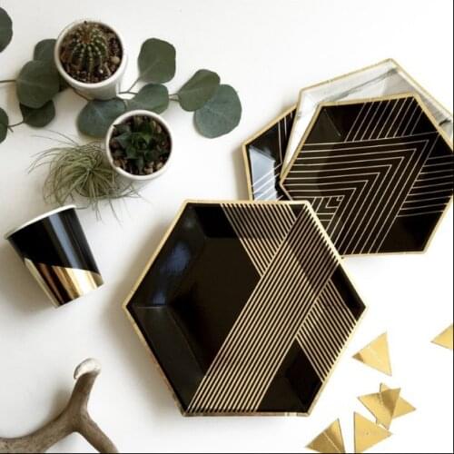 Gold Black Disposable Tableware Set Paper Plates Napkins Cups Straws Kids Birthday Wedding Christmas Decoration Party Supplies