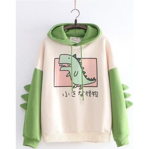 NEW Cotton Tops Shirt Female Women Sweatshirt Casual Harajuku Oversized Hoodies Printing Dinosaur Animal pattern Color Contrast