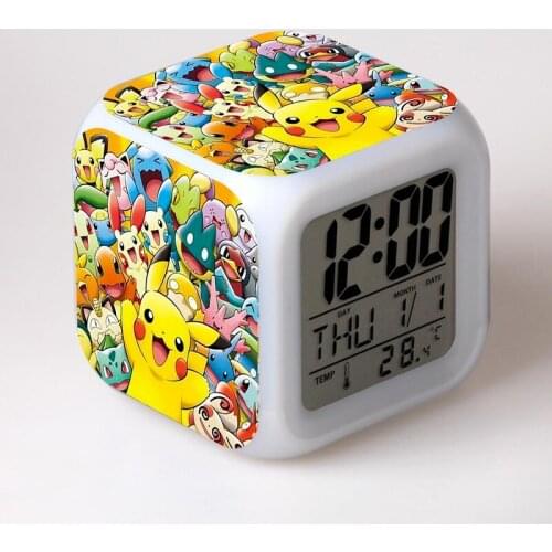 Pokemon Pikachu Anime Character Luminous LED Colorful Flash Alarm CLock Desk Light with Temperature Action Toy for Children