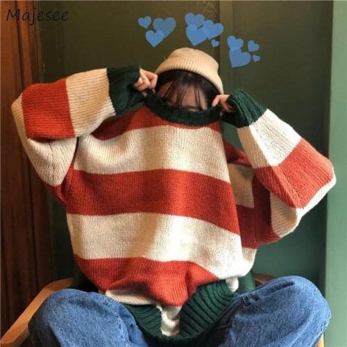 Women Pullovers Autumn Striped O-neck Oversize Simple College Style Students Knitted Harajuku Sweet All-match Chic Leisure Ins