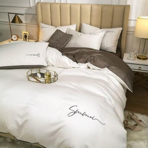 Luxury White Bedding Set Cotton Modern Embroidery Double Bed Nordic Satin Bedding Set King Size Couvre Lit Home Textile DG50BS