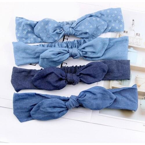 Blue Denim Bow Headband Summer Women Cute Rabbit Ears Headband Star Striped Bowknot Hair Bands Elastic Turban Hair Accessories