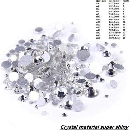 Super Deal Shiny Clear White Crystal Strass Rhinestones ss3-ss50(1mm-10mm) ALL SIZE non hotfix 3D Nail Art Decorations Flatback