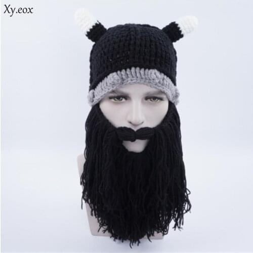 Barbarian Viking Beanie Beard Horn Hat Handmade Knit Winter Warm Cap Birthday Cool Funny Gag Party Xmas Gifts Bearded Mask Hat