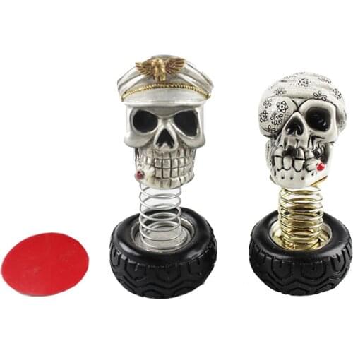 Shaking Halloween Skulls Tire Spring Ornaments with Free Fixed Sticker Skull Head Car Decoration Cartoon Appearance Ornament