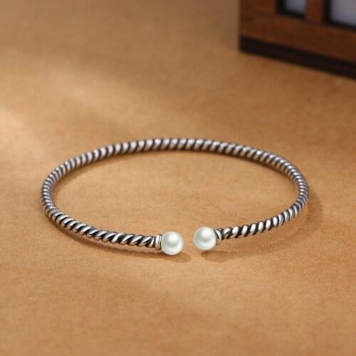 Vintage Retro Twist 925 Silver Bangles Women Classic Handmade Tibetan Silver Creative Open Pearl Cuff Bangles Jewelry