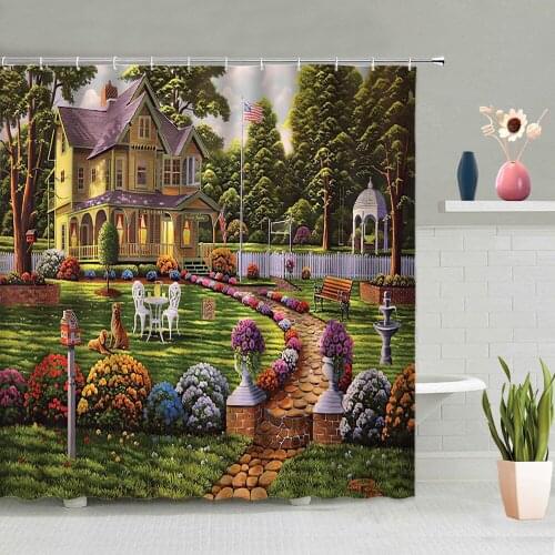 Garden Landscape Shower Curtain Wooden House Green Forest Flowers Plants Spring Natural Scenery Bathtub Decor Screen Washable
