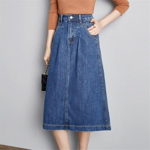 Retro Denim Skirts for Women High Waisted A-Line Skirt 2021 Fashion Female Pockets Washed Vintage Knee-Length Skirts Streetwear