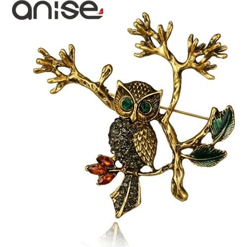 Anise Vintage Owl Twig Crystal Brooches Woman Cute Multicolor Rhinestone Animal Brooch Pin Girl Retro Gold Color Nation Jewelry