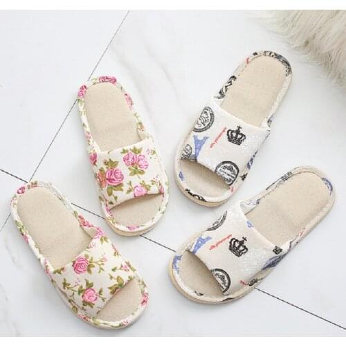 Women Casual Floral Home Slippers Soft Non-Slip EVA Bottom Slippers Spring Autumn Indoor Couple Linen Slipper Flip Flops Slides