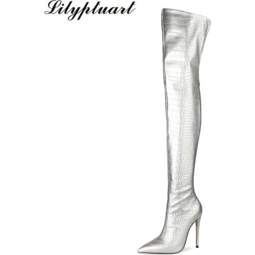 European and American Style Back Zipper Over The Knee Boots Pointed Toe Stiletto Fashion Womens Shoes Stone Pattern Boots