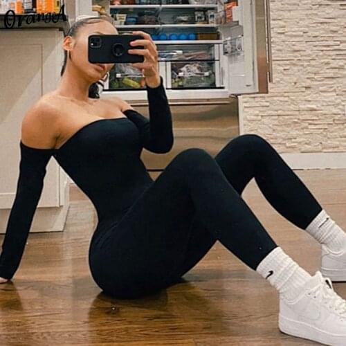 OrangeA women autumn casual off shoulder skinny jumpsuits fitness activewear with sleeve overalls stretchy workout strapless