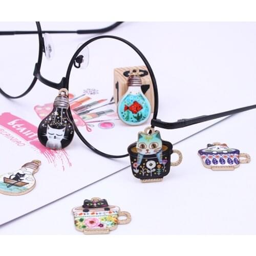 10pcs Japanese Printing Enamel Cat Charms Cup Cats Bulb Fish Alloy Charm Pendants DIY Earring Bracelet Jewelry Accessories YZ544