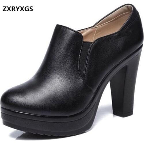 2021 New Apring Black genuine Leather Shoes Women Pumps Large Size Deep Mouth Winter Warm Shoes High Heel Shoes 8 / 10 / 12 Cm