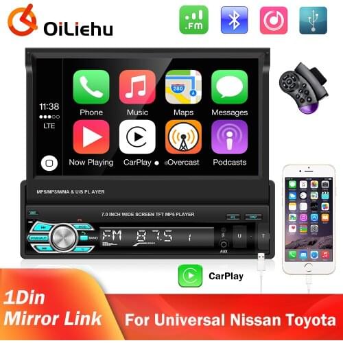 OiLiehu 1 Din Car Radio 7" Wireless Carplay Auto Retractable Screen Audio Stereo TF FM USB Multimedia Player For Universal