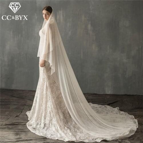 CC Wedding Veil Hair Accessories For Bridal White lvory 230m Long with Comb Lace High Quality Luxury Cathedral Hairwear V640