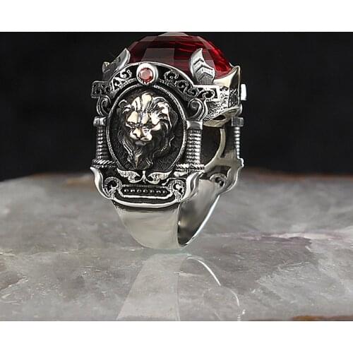 Zircon 925 Silver Traditional Handmade Turkish Ring Luxury Lion Engraving Quality Best Craftman Jewelry Gift for Women Men
