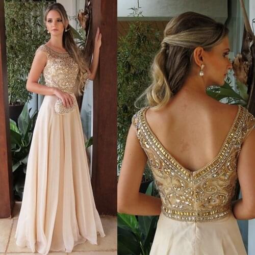 On Sale 2021 Graceful Nude Long Prom Party Dresses Cap Sleeves Beading Bodice Jewel Neck Wedding Guest Gowns Back Out Chiffon