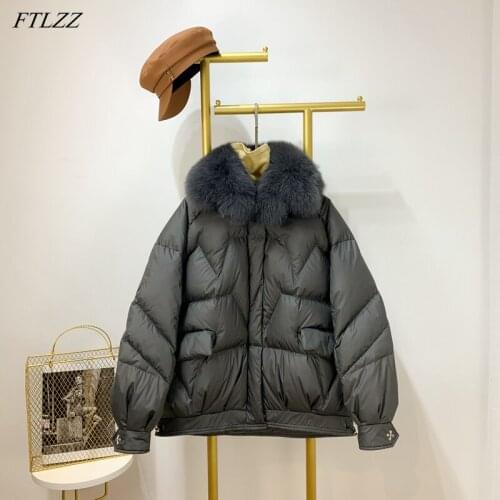 FTLZZ Winter New Large Fox Fur Collar Hooded Light Feather Jacket Women 90% White Duck Down Short Coat Warm Puffer Green Outwear