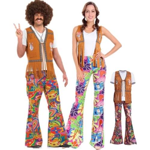 Women Men Peace Love Hippie Costume Party 60s 70s Hippie Stage wear Costume Couples Halloween Indian Tassels Hippie Performance