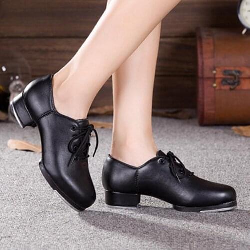 Leather Material Tap Shoes Womens Split Sole Jazz Tap Dance Shoes Adult/Unisex Lace Up Women Tap Shoes Dancing Shoes for Women