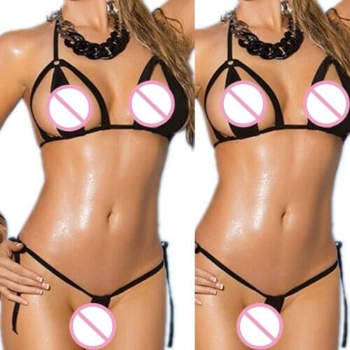 Sexy Basic Criss Cross Tie Knot Front Deep V Open Back Swimwear, No Chest Support without Chest Pad, Black