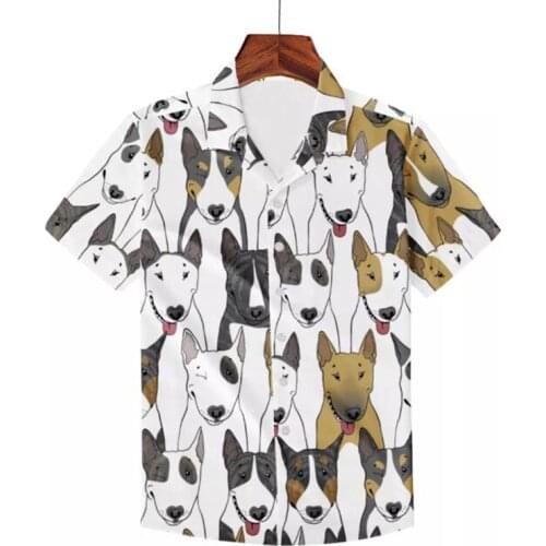 Summer Mens Bull Terrier Prints Shirt Harajuku Lapel Neck Street Style Loose Shirt Puppies Animal Hawaiian Men Shirt Tops Camisa