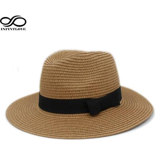 LUCKYLIANJI Summer Beach Casual Style Fashion Soft Straw Panama Hat for Women Men Travel Adjustable Caps with Black Ribbon