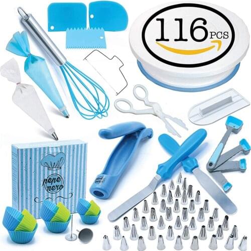 116pcs Cake Decorating Set Cake Turntable Stand Stainless Cream Confectionery Nozzles Scraper Pastry Bag Baking Tools For Cakes